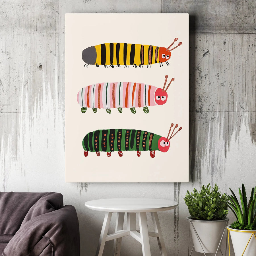 Three Colorful Caterpillars Wall Art | Whimsical Nursery Canvas Print | Premium Gallery-Wrapped Decor | Kids Room Wall Decor Gift
