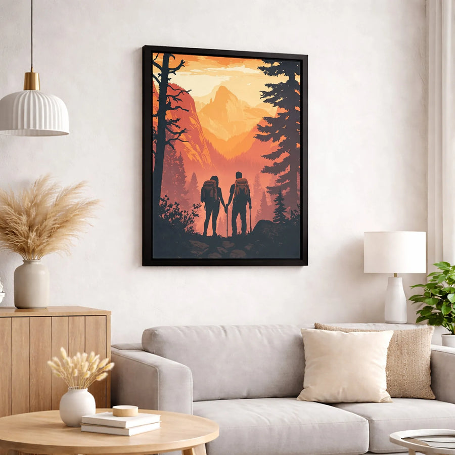 Hiking Couple Sunset Wall Art | Mountain Forest Silhouette Landscape | Premium Gallery-Wrapped Canvas | Adventure Gift for Couples and Hikers