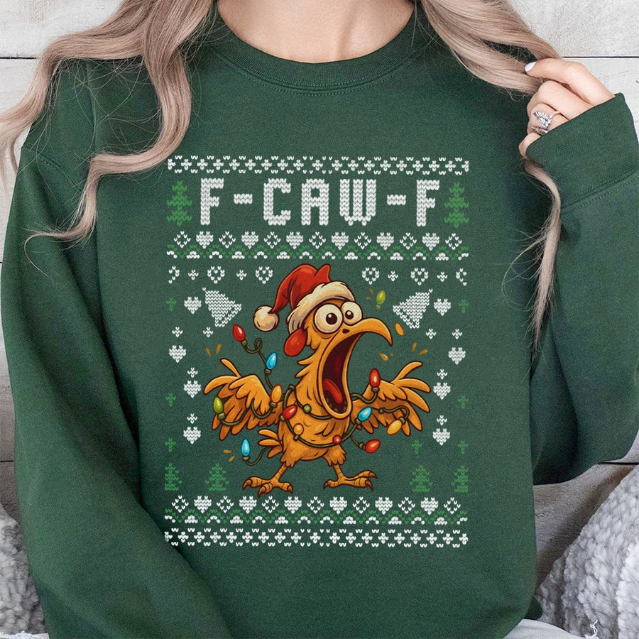 F-Caw-F Ugly Christmas Sweatshirt | Funny Screaming Chicken Holiday Design | Premium Cotton Blend Crewneck | Unisex Gift for Xmas Party