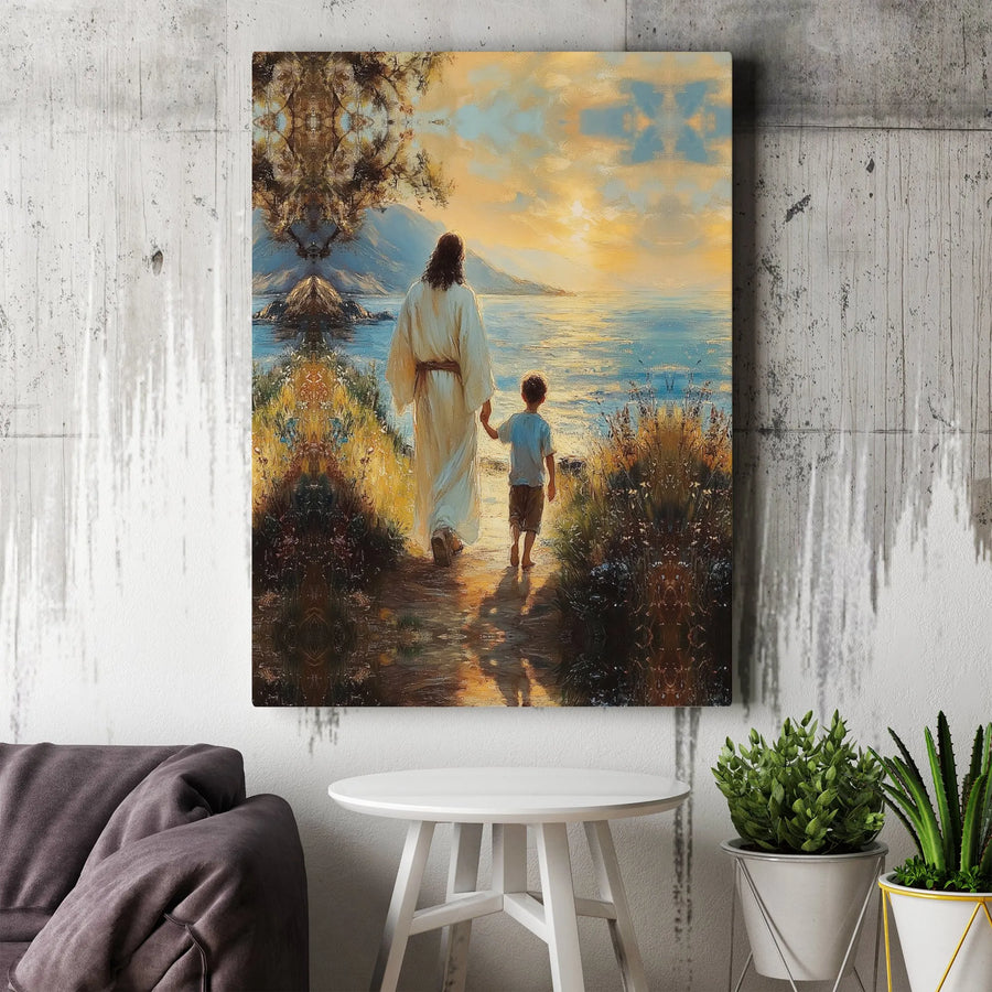 Jesus and Child Canvas Wall Art | Walking with God Sunset Painting | Premium Christian Home Decor | Inspirational Religious Gift