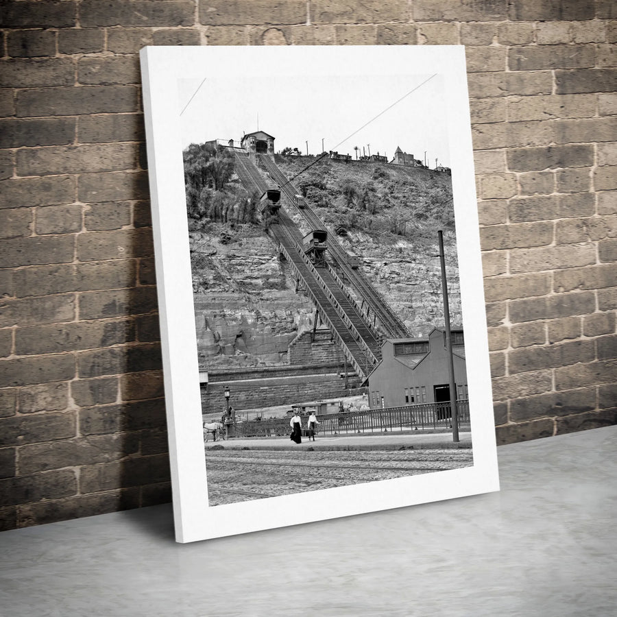 Vintage Incline Railway Vertical Canvas | Black and White Historic Photography | Premium Gallery Wrapped Canvas | Gift for History Buffs & Industrial Decor