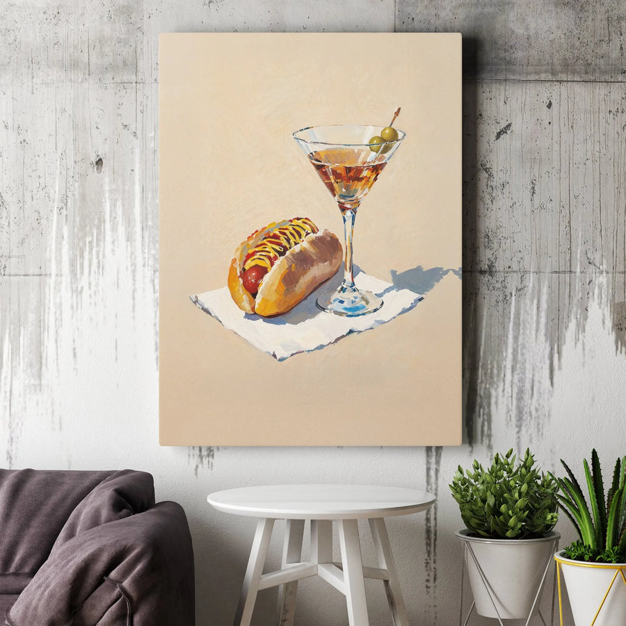 Hot Dog and Martini Canvas Wall Art | Whimsical Foodie Oil Painting Style | 1.25" Premium Gallery Wrap | Kitchen Decor and Bar Wall Art Gift