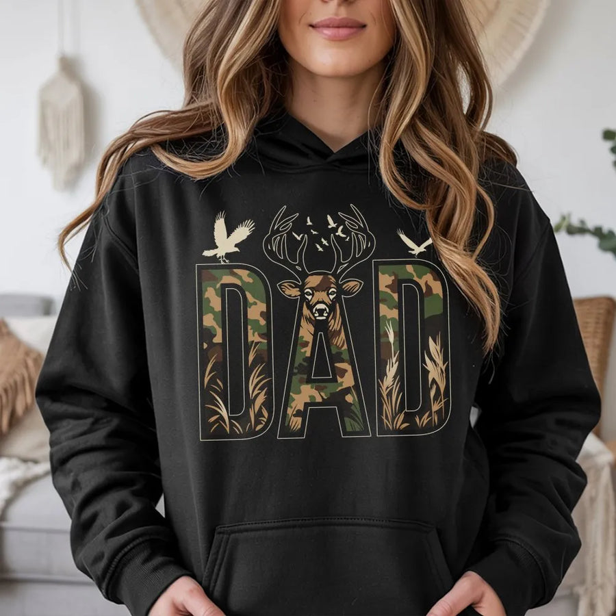 Camo Dad Hoodie | Hunting Deer Graphic Tee | Premium Cotton Shirt | Father's Day Gift for Hunter Dad