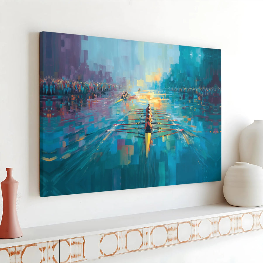 Rowing Crew Canvas Wall Art | Abstract Boat Race Painting | Premium Stretched Canvas | Inspirational Gift for Rower & Coach