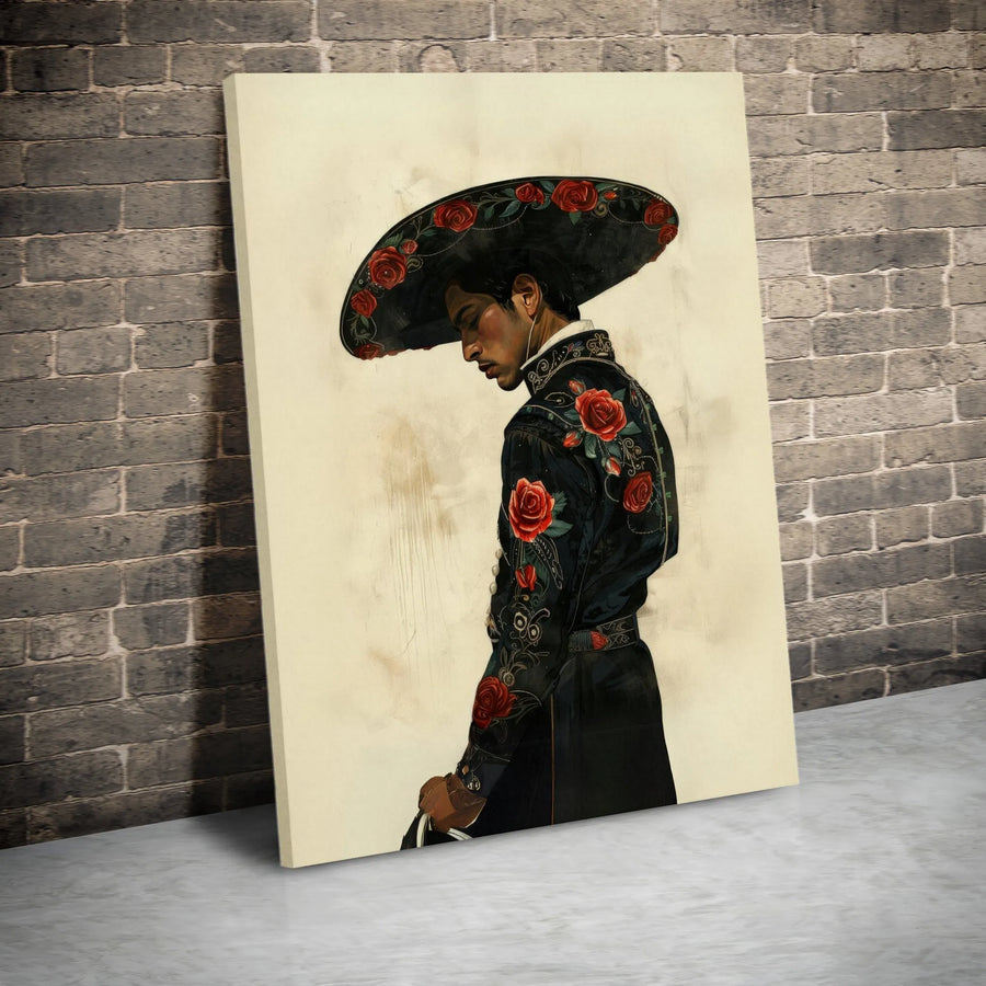 Mexican Charro Wall Art | Portrait With Red Rose Embroidery Design | Premium 1.25" Gallery Canvas | Hispanic Heritage Home Decor Gift