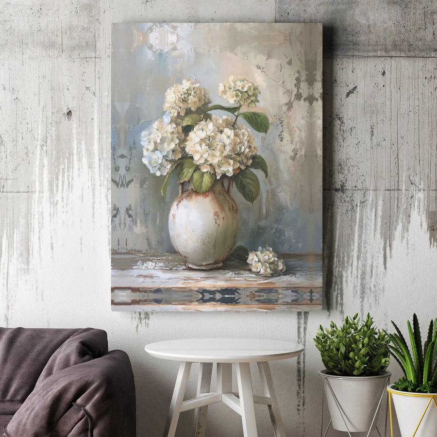 White Hydrangea Floral Canvas Art | Rustic Still Life Flower Painting | 1.25 Inch Gallery Wrap Premium Wall Decor | Elegant Farmhouse Home Gift