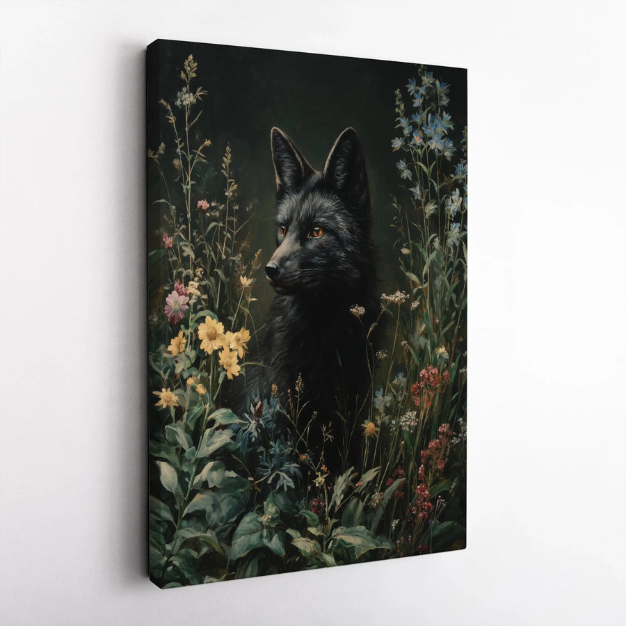 Black Fox Canvas Wall Art | Moody Wildflower Oil Painting Style | Premium 1.25-Inch Gallery Wrap | Wildlife Nature Lover Gift