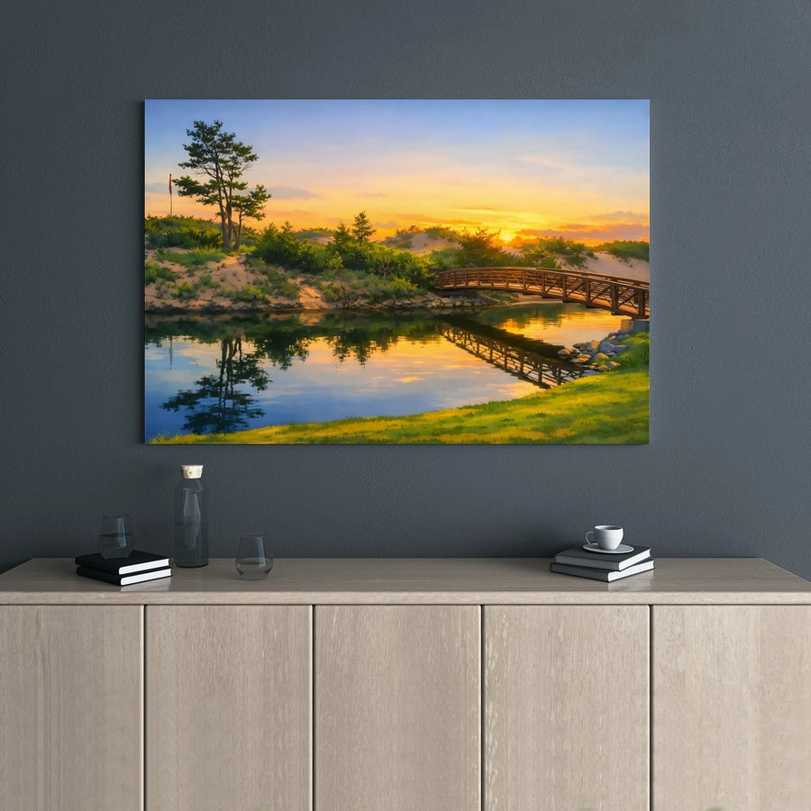 Sunset River Landscape Canvas | Anime Aesthetic Wooden Bridge Art | Premium Gallery Wrap 1.25 Inch | Tranquil Nature Home Decor Wall Print