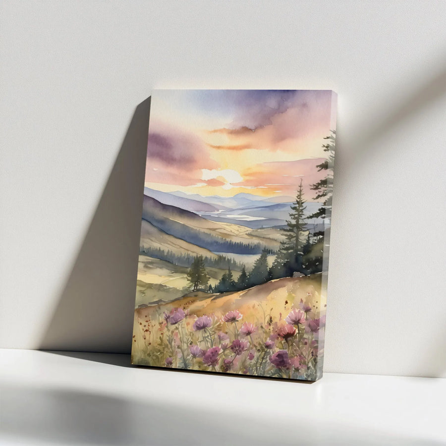 Watercolor Mountain Canvas Wall Art | Scenic Sunrise Over Wildflower Meadow | Thick Gallery Wrapped Canvas | Premium Gift for Home Decor
