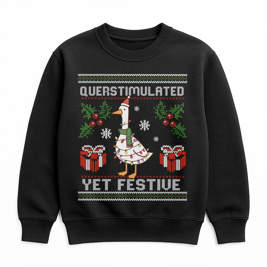 Overstimulated Yet Festive Goose Sweatshirt | Funny Christmas Bird Graphic | Soft Cotton-Blend Crewneck | Quirky Holiday Gift For Duck Lovers