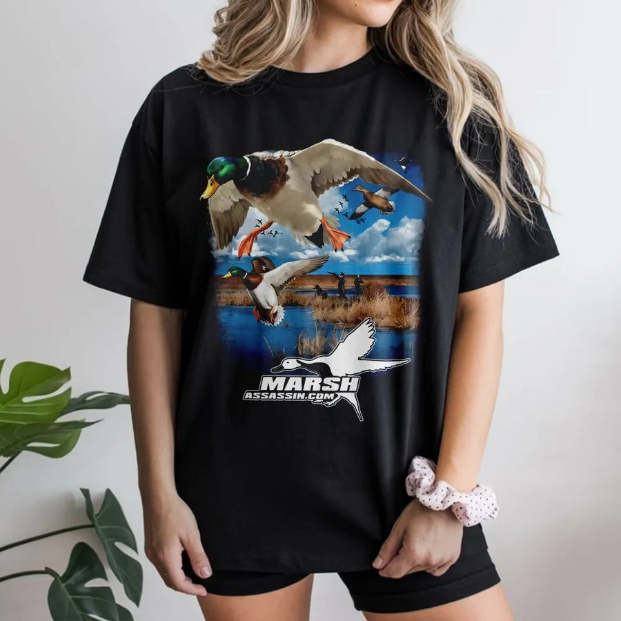 Duck Hunting T-Shirt | Mallard Waterfowl In Flight Design | Premium Soft Cotton Tee | Outdoor Adventure Gift For Hunters