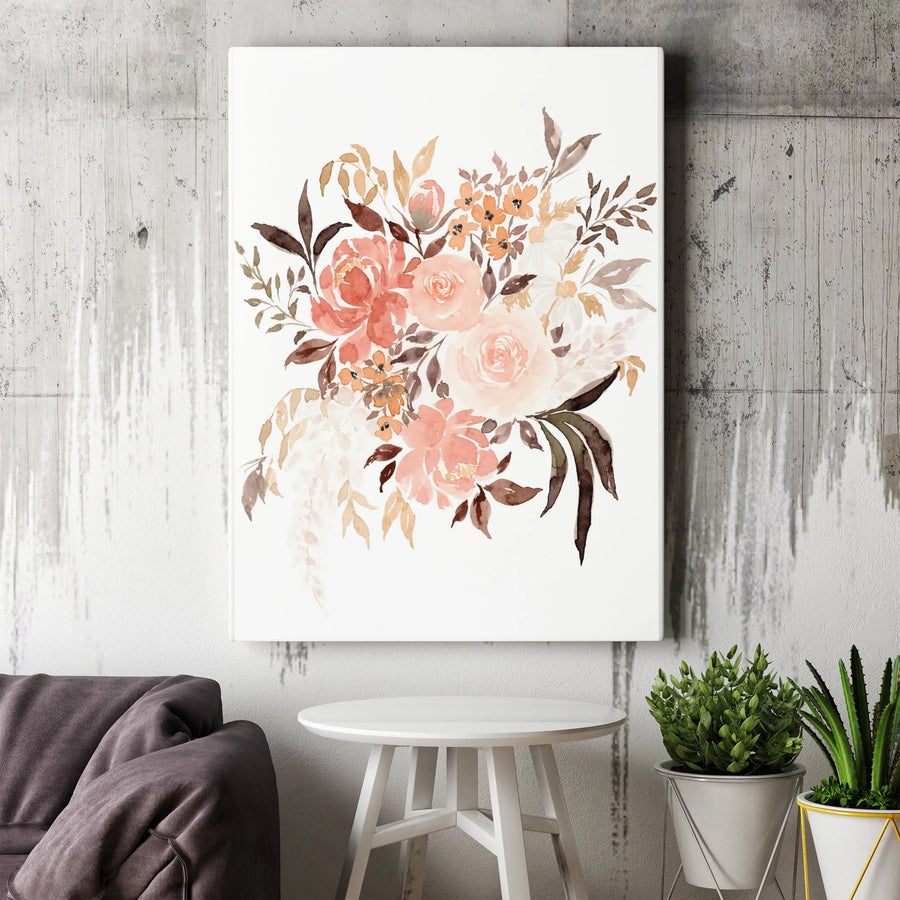 Boho Floral Watercolor Canvas Print | Warm Botanical Bouquet Art | Premium Thick Gallery Wrapped Canvas | Living Room Decor Gift for Her