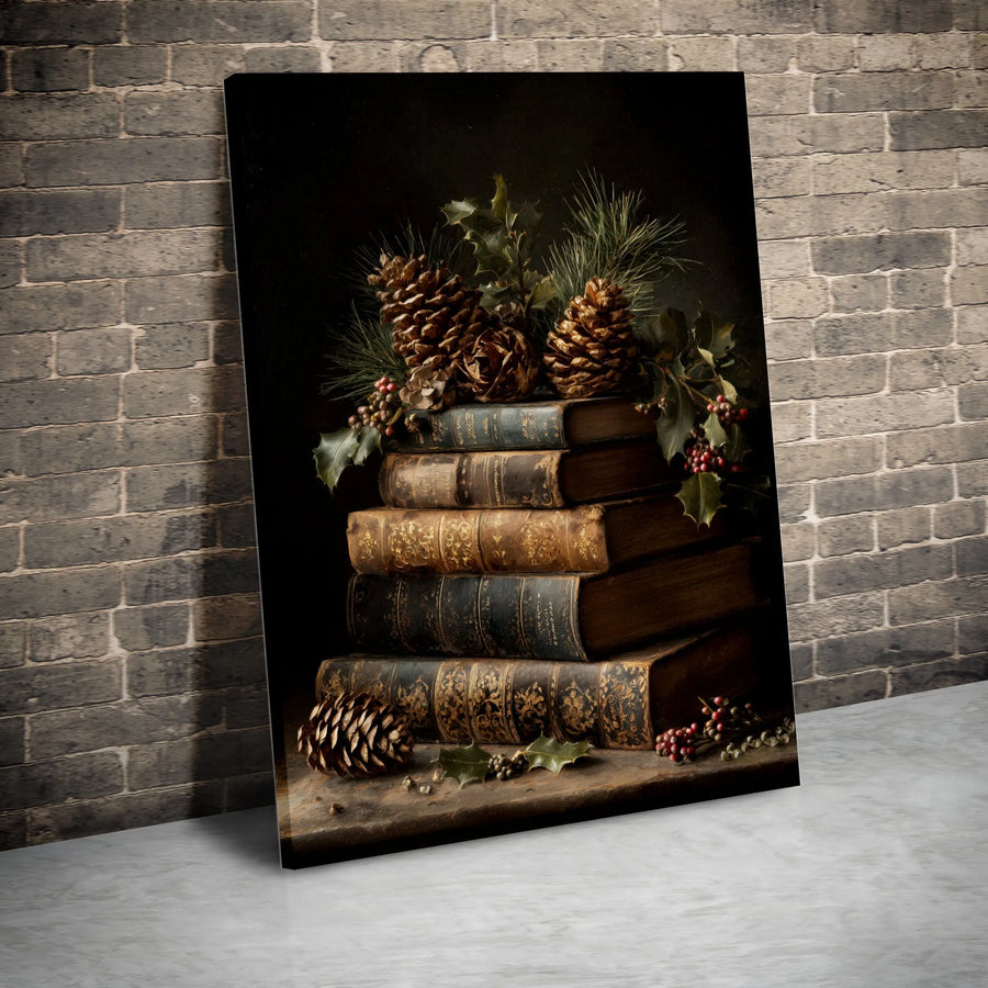 Vintage Book Stack Canvas Art | Christmas Still Life with Pine Cones & Holly | Premium Gallery Wrap Wall Decor | Festive Holiday Home Gift