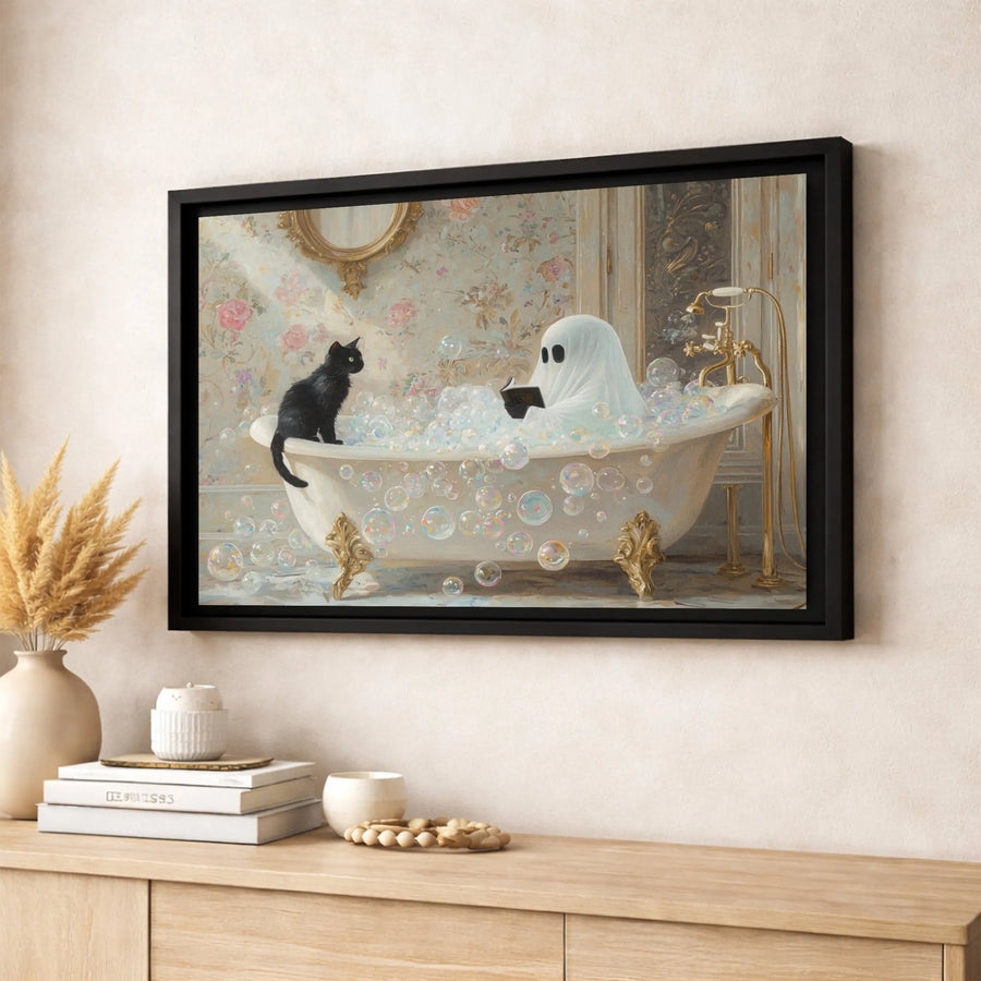 Ghost Reading in Bathtub Canvas Art | Whimsical Black Cat Decor | Gallery-Wrapped Premium Print | Spooky Cute Halloween Wall Art Gift