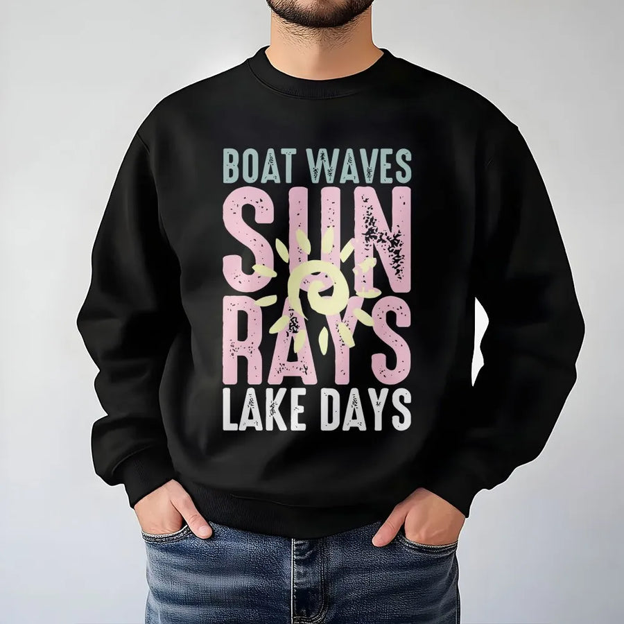 Boat Waves Sun Rays Lake Days Sweatshirt | Retro Summer Graphic Pullover | Soft Cotton Blend Sweatshirt | Premium Gift for Boating & Lake Lovers