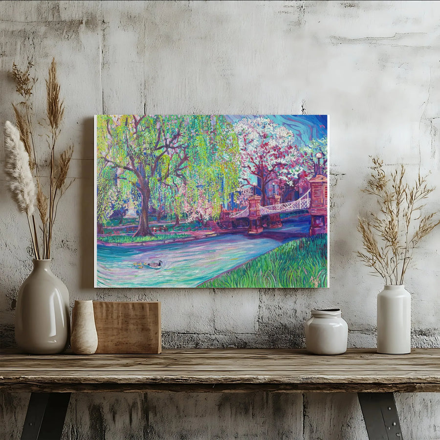 Impressionist Park Canvas Wall Art | Colorful River Bridge Landscape | Premium Fade-Resistant Gallery Print | Nature Home Decor Gift