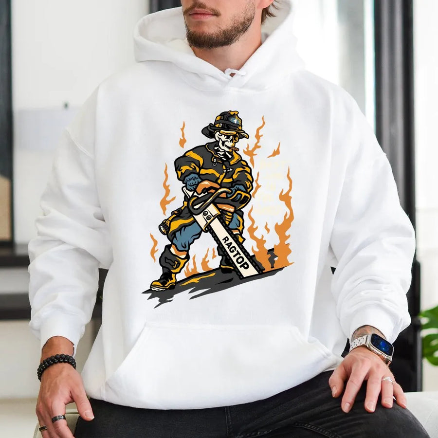 Firefighter Graphic Hoodie | Skeleton Fireman Best Job In The World Design | Premium Cotton Blend | Funny Gift For Firemen And First Responders