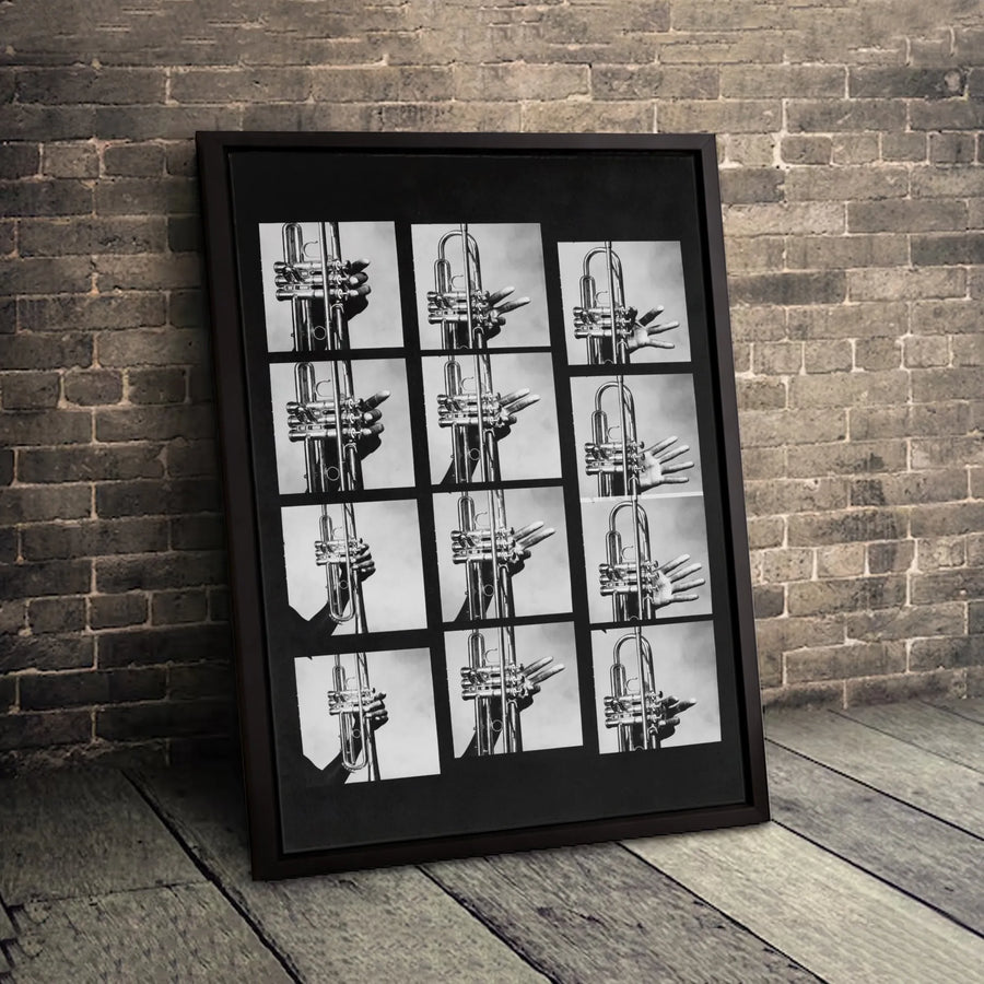 Trumpet Player Hands Canvas Art | Black and White Music Photography Grid | Gallery-Quality 1.25" Profile | Musician Gift for Studio Decor