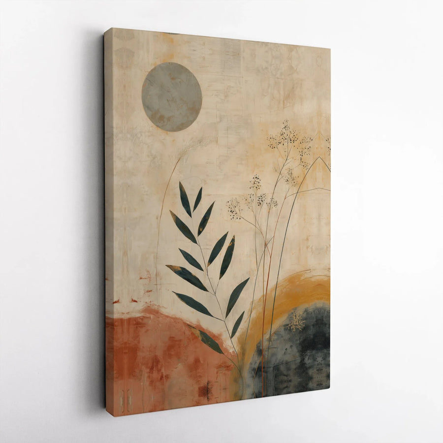 Abstract Botanical Canvas Wall Art | Modern Japandi Leaf & Sun Print | Premium Gallery Wrapped Canvas | Modern Home Decor Gift