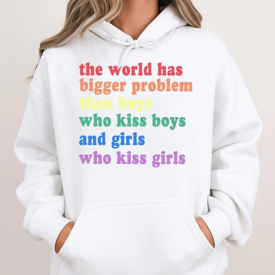 LGBTQ Hoodie | The World Has Bigger Problems Quote | Soft Cotton Blend Unisex Pullover | Pride Month Aesthetic Gift For Ally