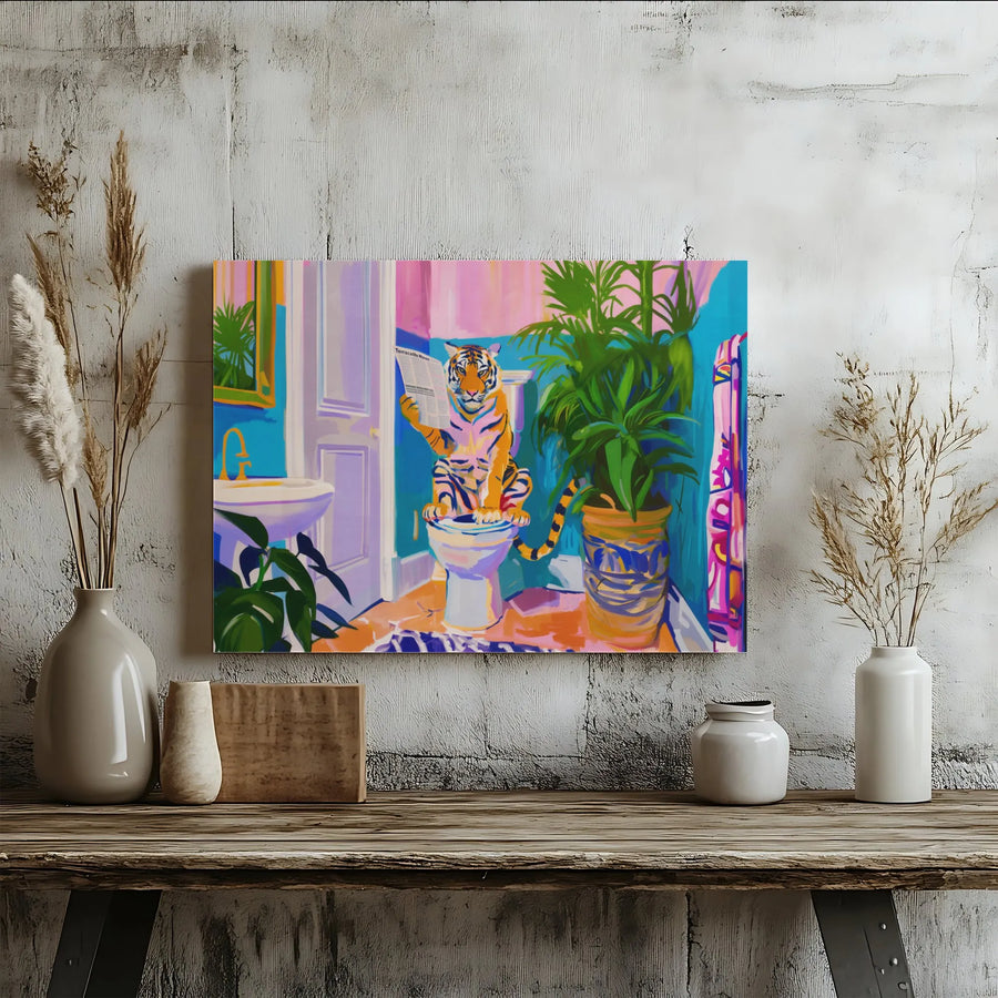 Tiger Reading Newspaper on Toilet Canvas Art | Whimsical Bathroom Decor | Gallery Quality 1.25 Inch Wrap | Funny Animal Wall Print for Home
