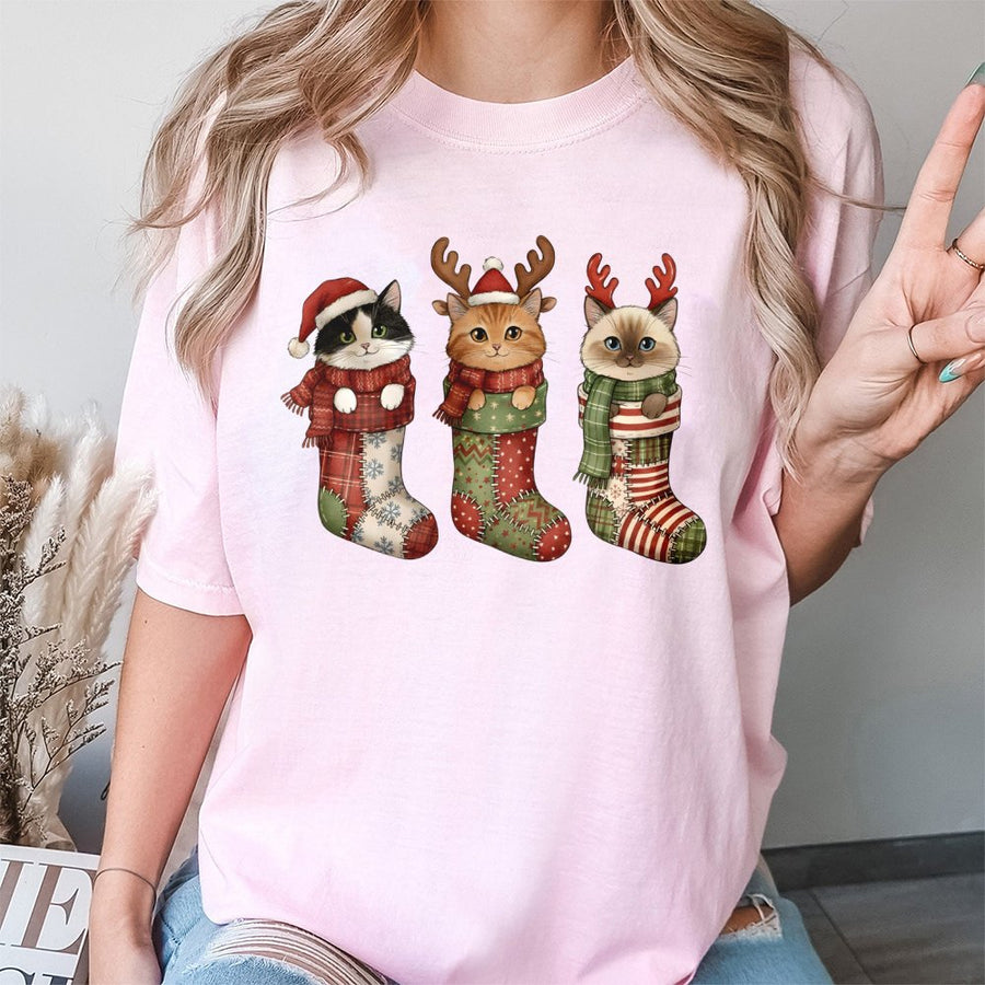 Christmas Cat Stocking T-Shirt | Cute Kitten Holiday Graphic | Premium 100% Cotton Tee | Festive Gift for Cat Lovers