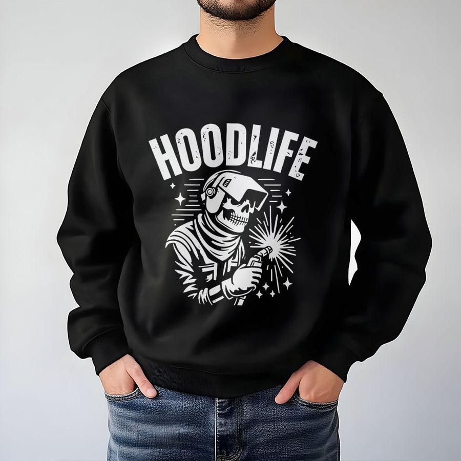 Hoodlife Welder Sweatshirt | Skeleton Metalworker Graphic | Premium Cotton Blend Crewneck | Gift for Welder, Fabricator, and Trade Worker