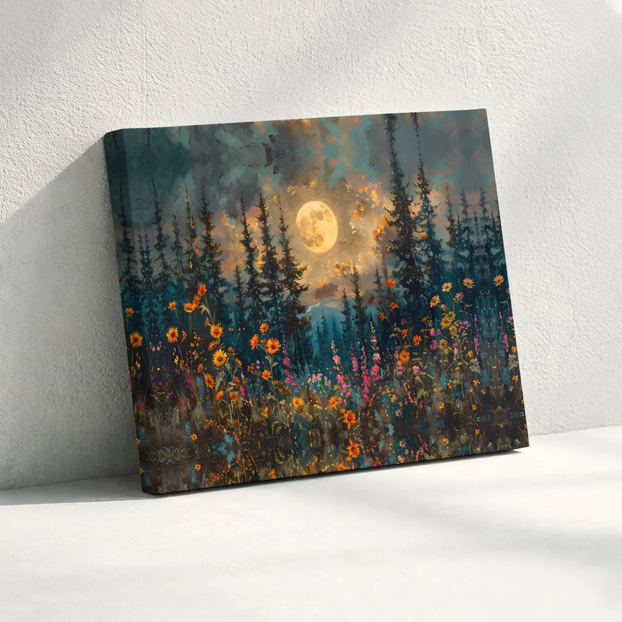 Full Moon Wildflower Forest Canvas | Moody Botanical Landscape Wall Art | Gallery Quality Fade-Resistant Print | Elegant Nature Decor Gift