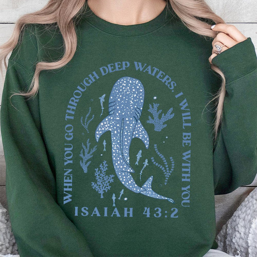 Whale Shark Sweatshirt | Isaiah 43:2 Bible Verse Graphic | Premium Cotton Blend | Christian Faith Gift for Ocean Lovers