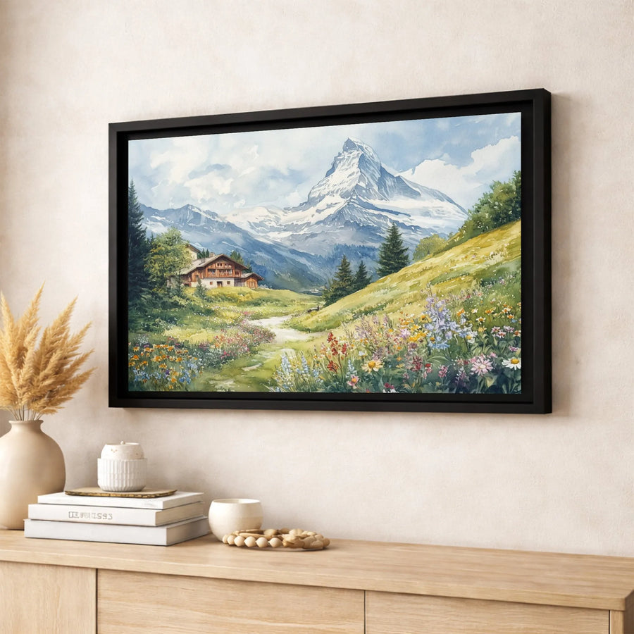 Matterhorn Mountain Canvas Wall Art | Watercolor Swiss Alps Chalet Landscape | Premium Gallery-Wrapped Print | Nature Lover Gift Home Decor