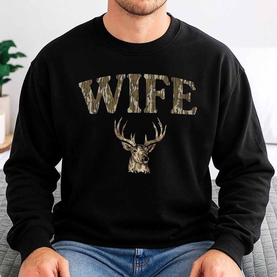 Wife Hunting Sweatshirt | Camo Deer Antler Graphic Design | Premium Cotton Blend | Gift for Hunter Wife and Outdoor Enthusiast