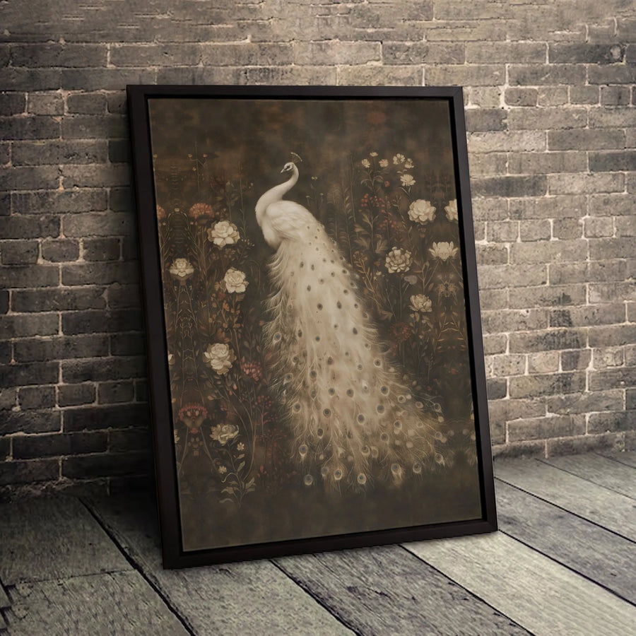 White Peacock Wall Art | Moody Floral Garden Print | Premium 1.25" Gallery Canvas | Elegant Botanical Home Decor Gift