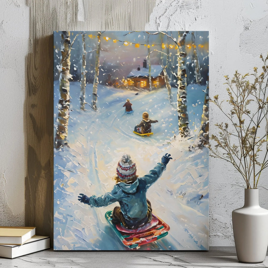 Kids Sledding Canvas Wall Art | Impressionist Winter Snow Landscape | Premium Gallery Wrap Print | Festive Holiday Home Decor
