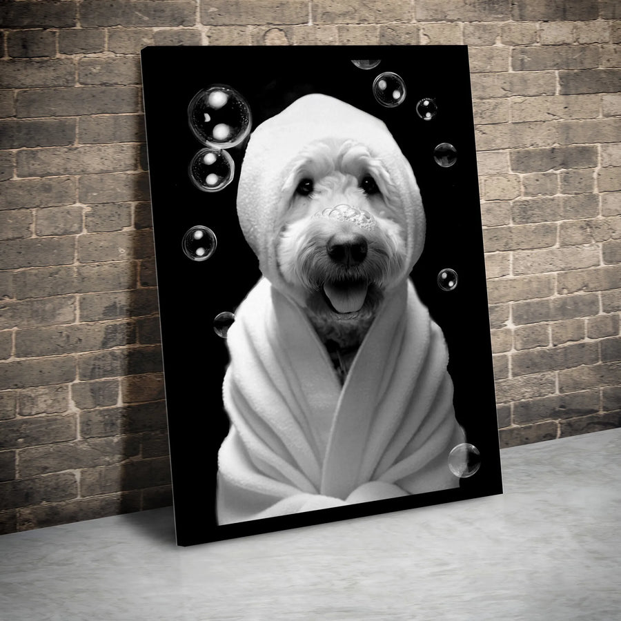 Dog In Bathrobe Canvas Print | Whimsical Pet Portrait With Soap Bubbles | Premium 1.25-Inch Gallery Wrap | Funny Bathroom Wall Art Decor