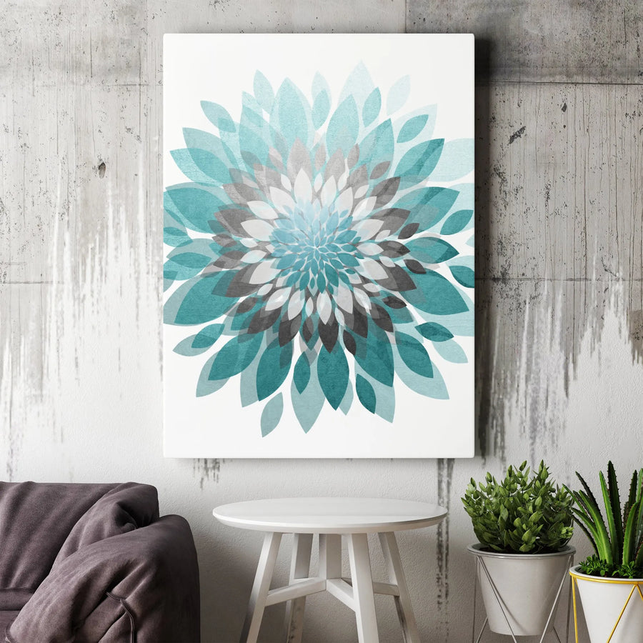 Abstract Floral Canvas Art | Teal and Gray Geometric Dahlia Print | Premium Gallery Wrapped Canvas | Modern Home Decor Gift