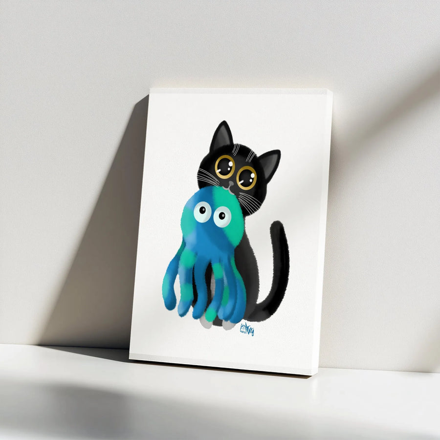Cute Black Cat Vertical Canvas | Whimsical Art Print with Octopus Toy | Premium Gallery Wrapped Wall Art | Nursery Decor Gift for Kids & Cat Lovers
