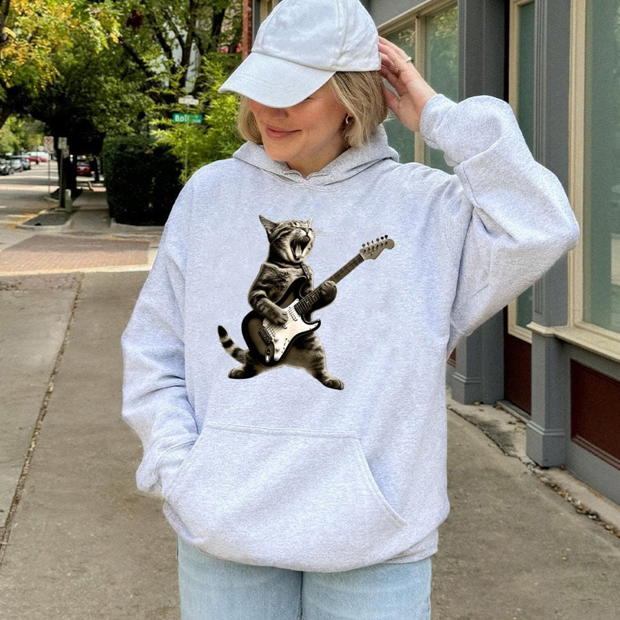 Rock Cat Playing Guitar Hoodie | Funny Music Animal Graphic Design | Premium Cotton-Blend Comfort | Gift For Cat Lovers & Musicians