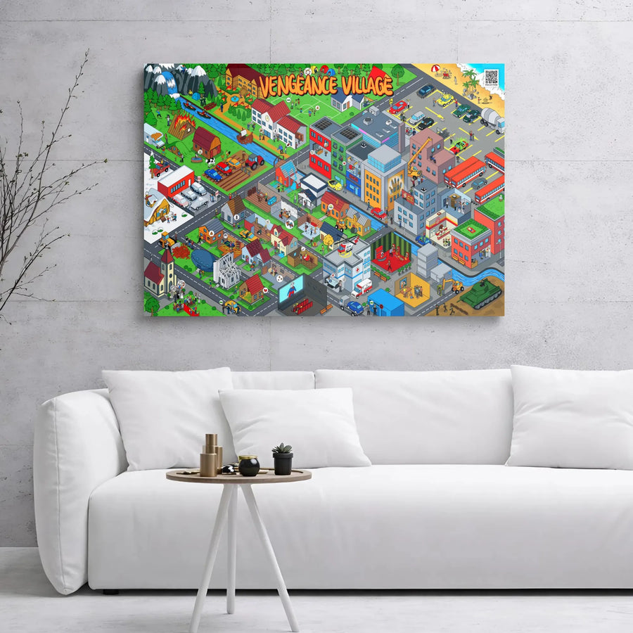 Vengeance Village Isometric Cityscape Art | Detailed Wimmelbild Illustration | Premium Gallery-Wrap Canvas | Unique Home Office Decor Gift