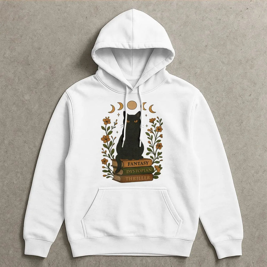 Black Cat Book Hoodie | Witchy Celestial Reading Design | Premium Cotton Blend | Gift for Readers, Librarians & Book Lovers