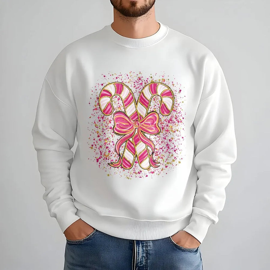 Pink Candy Cane Sweatshirt | Coquette Aesthetic Christmas Bow | Premium Cotton Blend | Holiday Gift for Women and Teens
