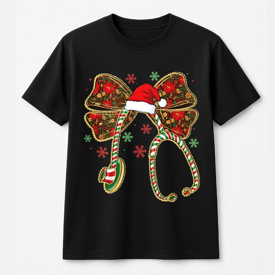 Christmas Nurse T-Shirt | Coquette Bow Stethoscope Design | Premium 100% Cotton | Cute Holiday Gift for Nurses & Healthcare Workers