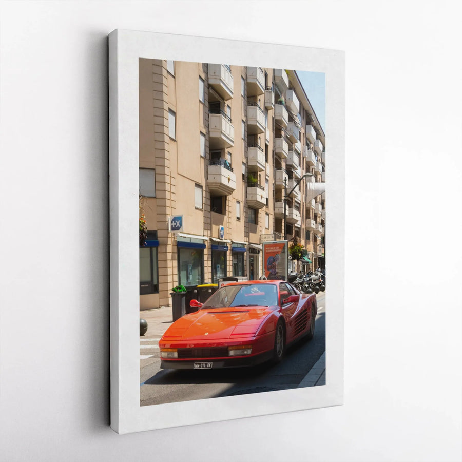 Vintage Red Sports Car Canvas Wall Art | 80s Italian Supercar Street Photography | Premium Gallery-Wrapped Print | Automotive Decor for Men