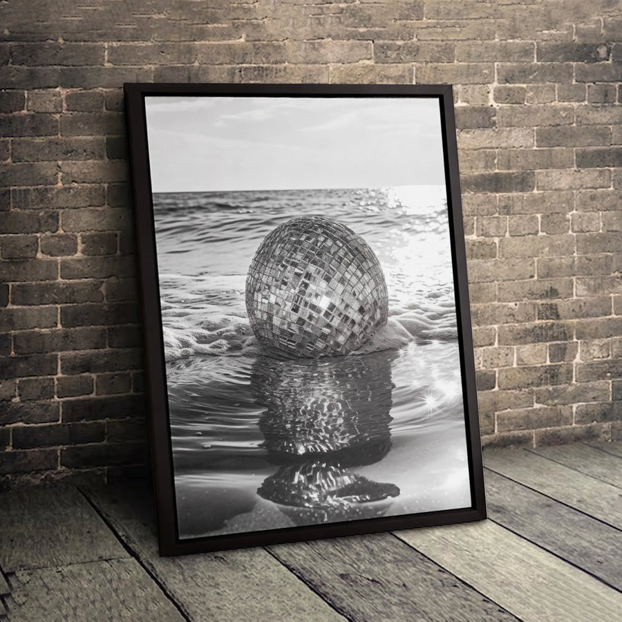 Disco Ball On Beach Canvas Print | Surreal Ocean Shore Wall Art | Premium Fade-Resistant Gallery Wrap | Modern Home Decor For Music Lovers
