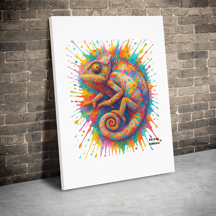 Chameleon Wall Art Canvas | Colorful Watercolor Splatter Print | Gallery Wrap Premium Decor | Reptile Lover Gift Idea