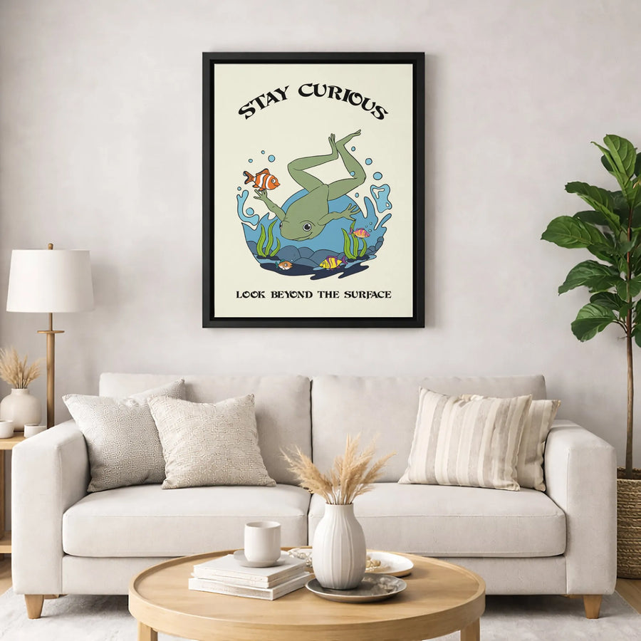 Stay Curious Frog Canvas Wall Art | Whimsical Undersea Illustration | Premium Gallery Wrapped 1.25" Profile | Motivational Decor For Kids Room Or Office