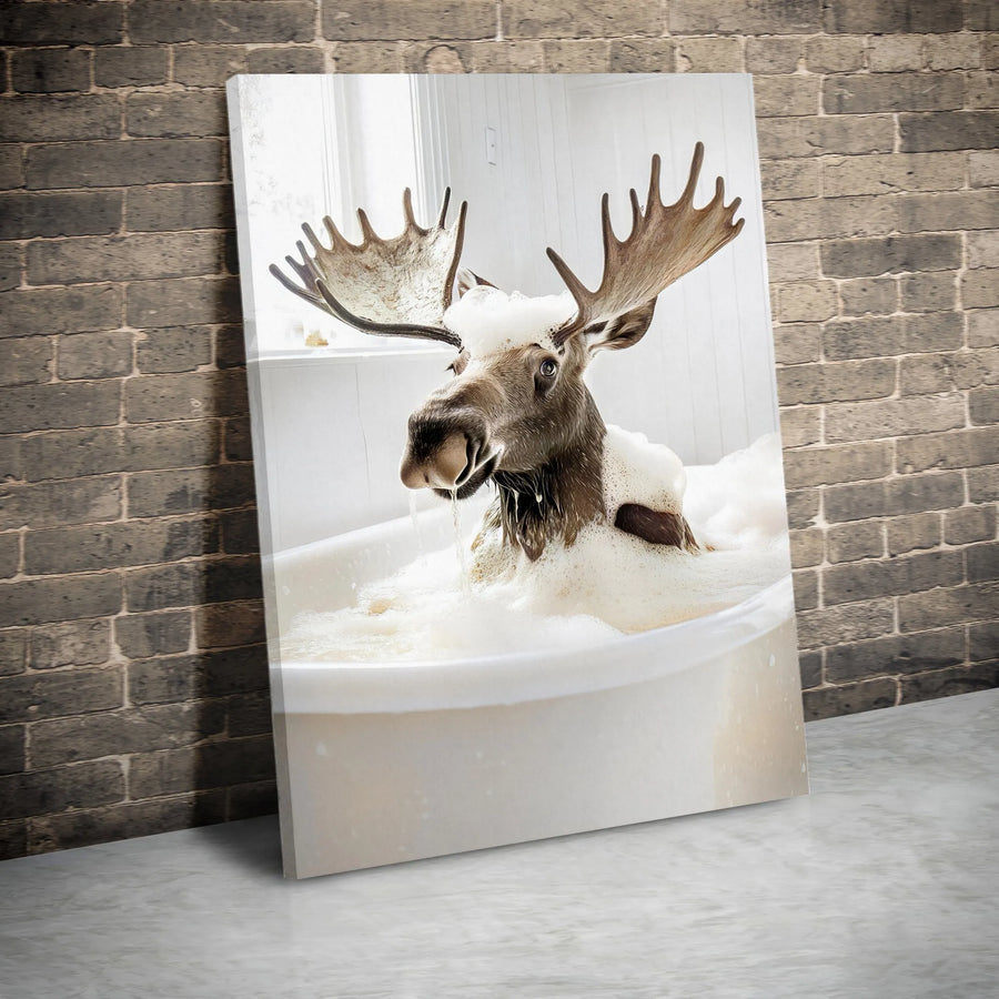 Funny Moose In Bathtub Canvas Wall Art | Whimsical Bathroom Decor Print | Premium 1.25 Inch Gallery Wrap | Unique Animal Lover Gift Idea
