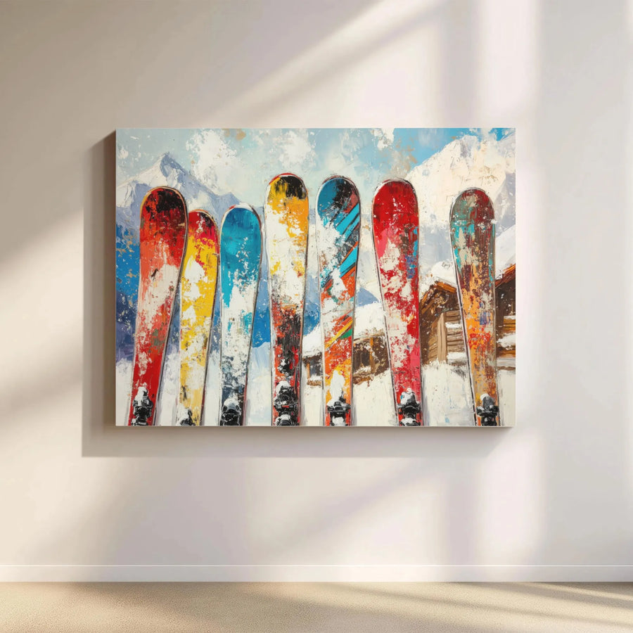 Skiing Wall Art Canvas | Colorful Abstract Mountain Lodge Painting | Gallery Quality 1.25" Profile | Winter Sports Gift For Ski Lovers