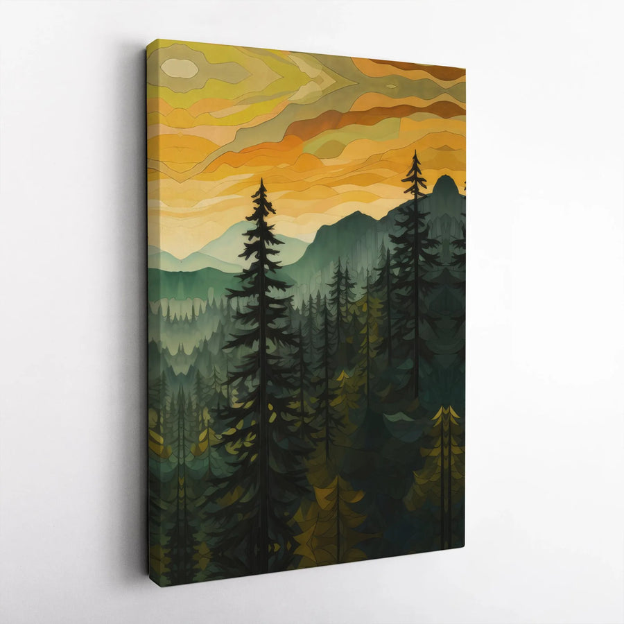 Forest Mountain Landscape Canvas Print | Modern Sunset Pine Tree Wall Art | Premium Gallery Wrapped Decor | Nature Lover Living Room Gift