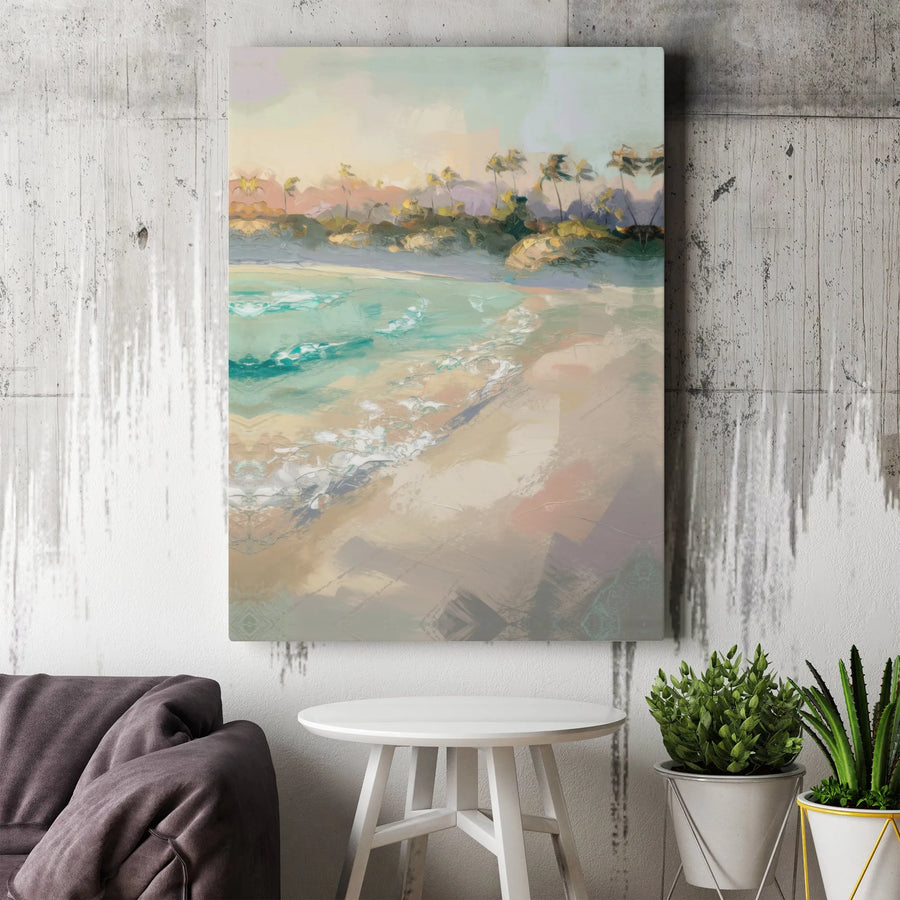 Abstract Beach Canvas Wall Art | Modern Seascape Painting with Palm Trees | Premium Frameless Gallery Wrap | Living Room Decor Gift