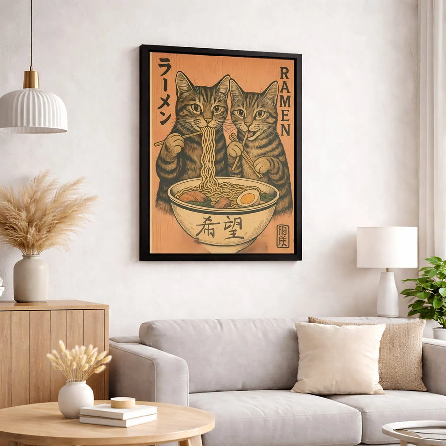 Japanese Ramen Cat Canvas Print | Cute Tabby Cats Eating Noodles Wall Art | Premium Gallery-Wrapped Canvas | Kitchen Decor Gift for Cat Lovers